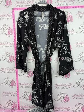 Flora Nikrooz Black Floral Satin Kimono Robe